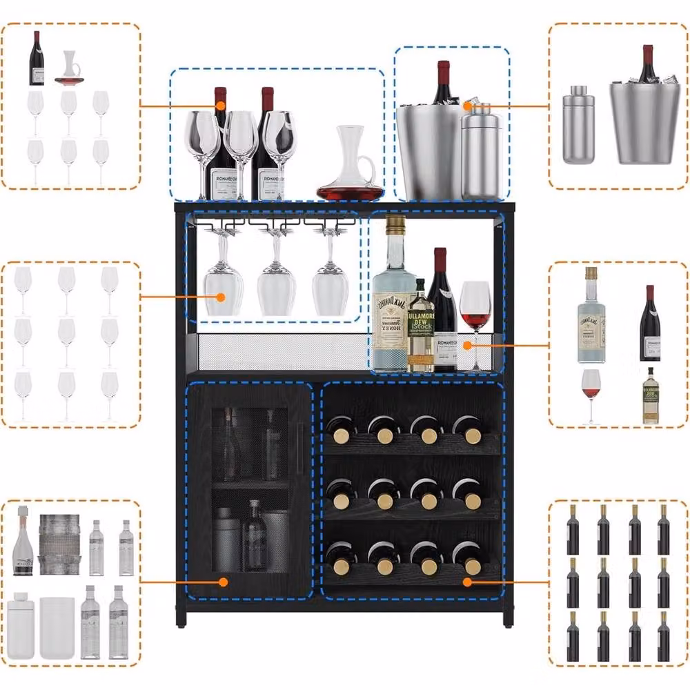 VOGREX Modern Black Wine and Coffee Cabinet with Glass Doors and Removable Wine Rack, H 91.44 cm x W 69.09 cm x D 40 cm – 3