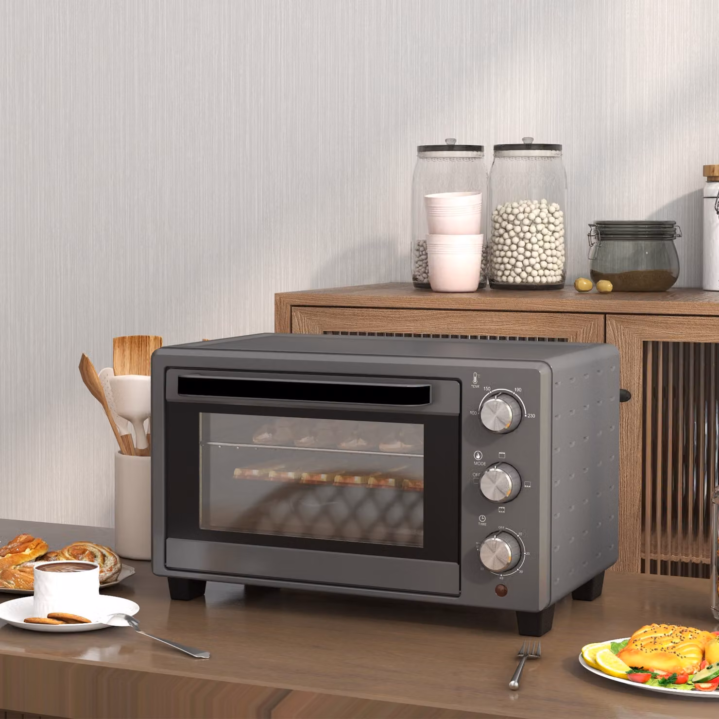 HOMCOM 21L Mini Countertop Electric Grill and Toaster Oven with Adjustable Temperature, Timer and 1400W Power, Grey – 7