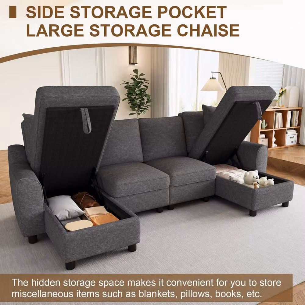 FENCHILIN Grey Chenille U-Shaped Sectional Sofa with 2 Storage Chaise Lounges and Scatter Cushions – 2