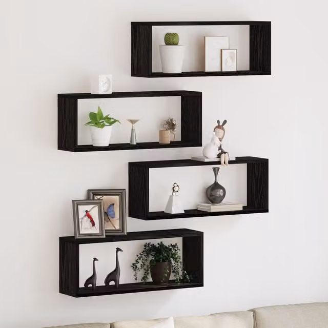 Berkfield Home Set of 4 Wall Mounted Shelves in Black Oak, W: 60 cm, D: 15 cm, H: 23 cm – 1