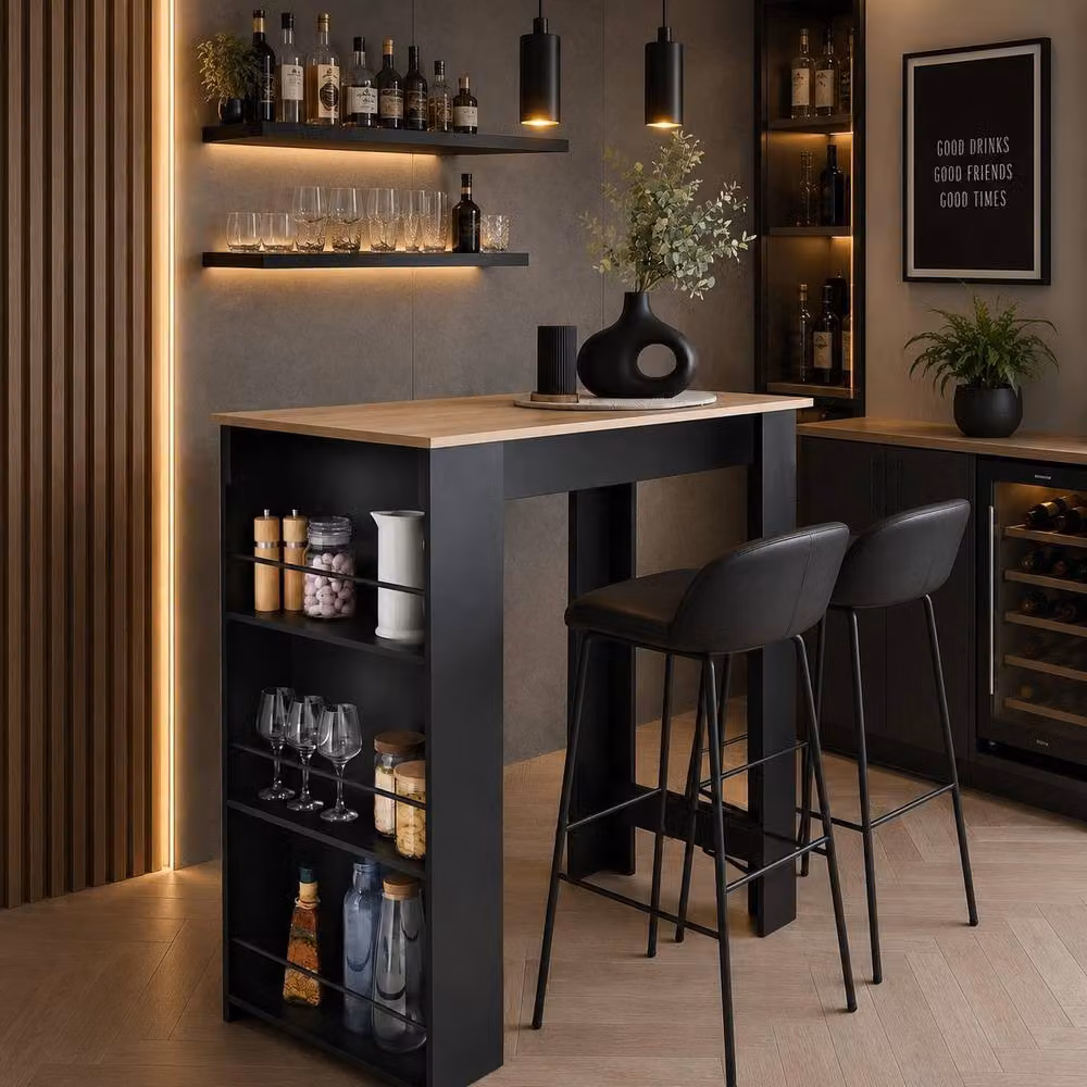 SPOT ON DEALZ Black Kitchen Island Bar Table with Wine Rack and Storage Shelves, H 105 cm x W 100 cm x D 60 cm – 3