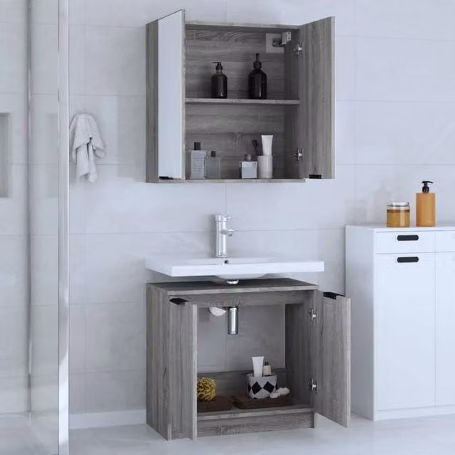 Berkfield Home 2 Piece Grey Modern Bathroom Cabinet Set with Mirror and Internal Shelves, W/D/H: 64.5 x 33.5 x 59.0 cm – 1