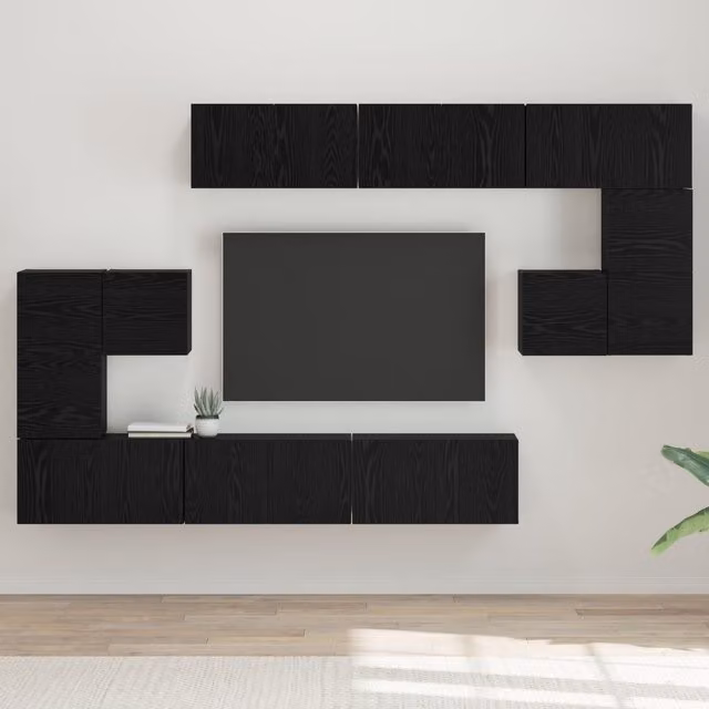 Berkfield Home 10-Piece Modern TV Cabinet Set with Wall-Mounted Shelves and Lowboard in Black Oak, W/D/H: 180 x 30 x 90.5 cm