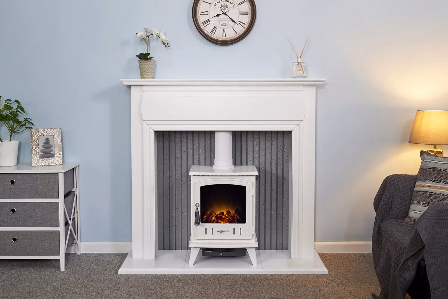 Adam Fires & Fireplaces Florence Stove Fireplace in Pure White with Aviemore Electric Stove in White Enamel, 48 Inch – 2