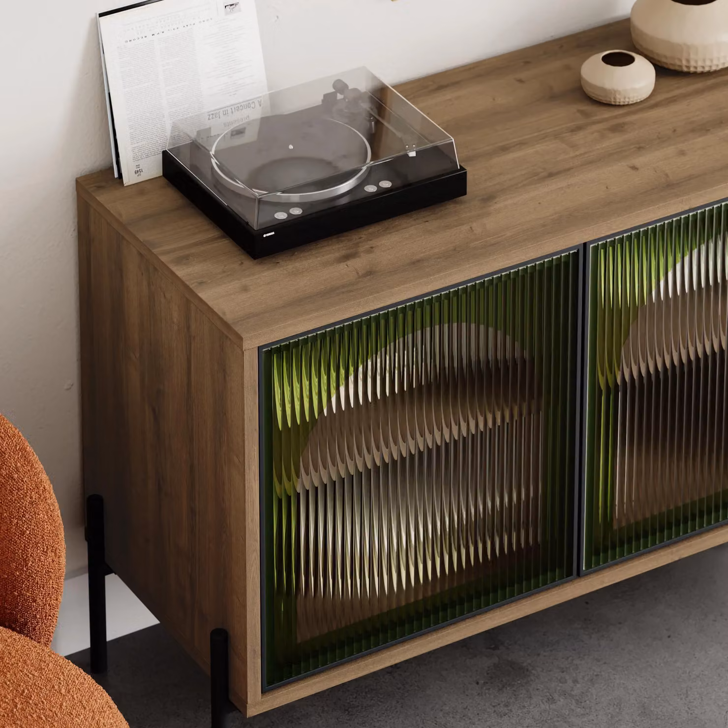 Decortie Modern Sideboard Cabinet with Green Glass Doors in Dark Brown and Black – 3