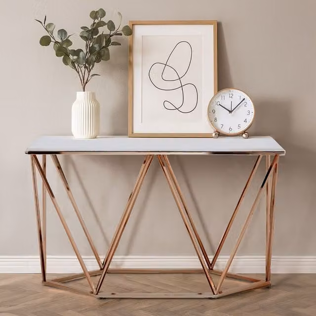 Orsina Rectangular Champagne Console Table with White Marble Top and Gold Metal Geometric Base, W/D/H: 120 x 45 x 76 cm – 1