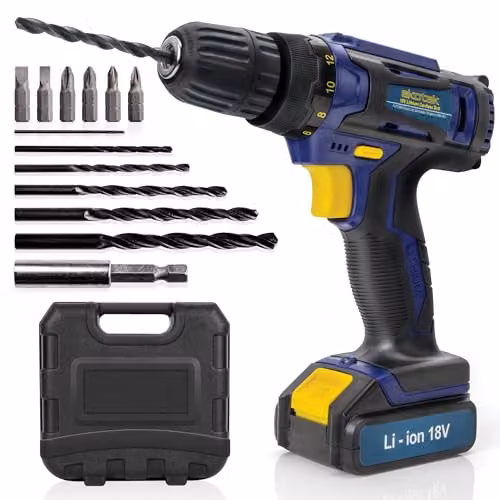 Skotek 18V Cordless Drill Set with Rechargeable Battery, Charger and 13-Piece Kit in Blue