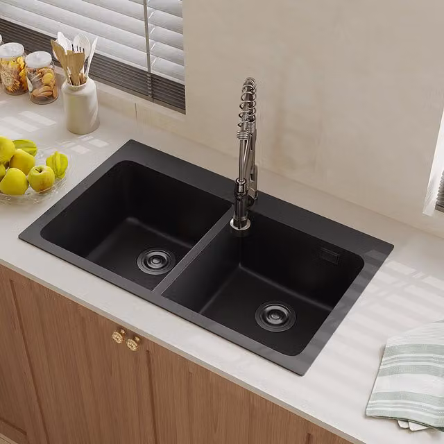 Livingandhome Black Double Bowl Stainless Steel Kitchen Sink with Strainer and Pipes