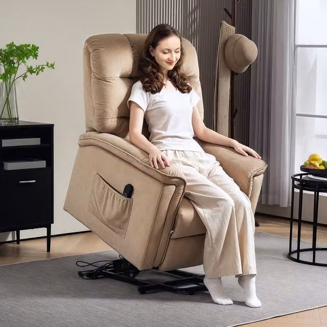 HOMCOM Power Lift Recliner Chair for Seniors in Beige Velvet with Side Pockets