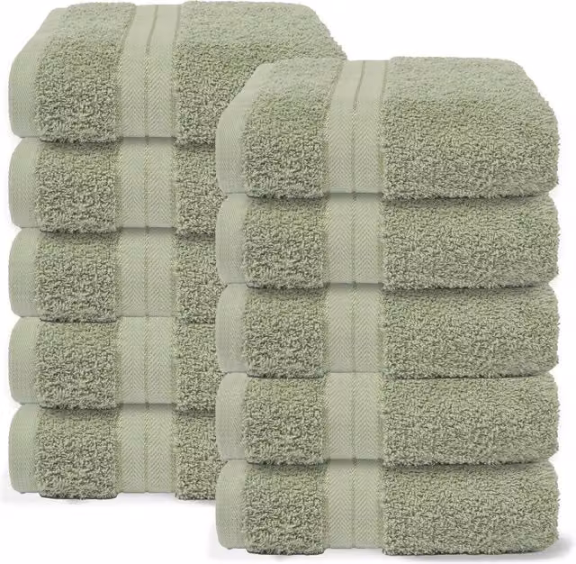 OHS 10 Pack of Fluffy 100% Cotton Bathroom Hand Towels in Pale Green