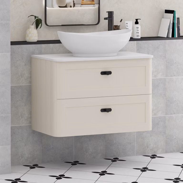 Royal Bathrooms Henley 800mm Mushroom Cashmere Wall Hung Vanity Unit with 2 Drawers, Plain White Worktop, Amaze Basin and Matt Black Knob