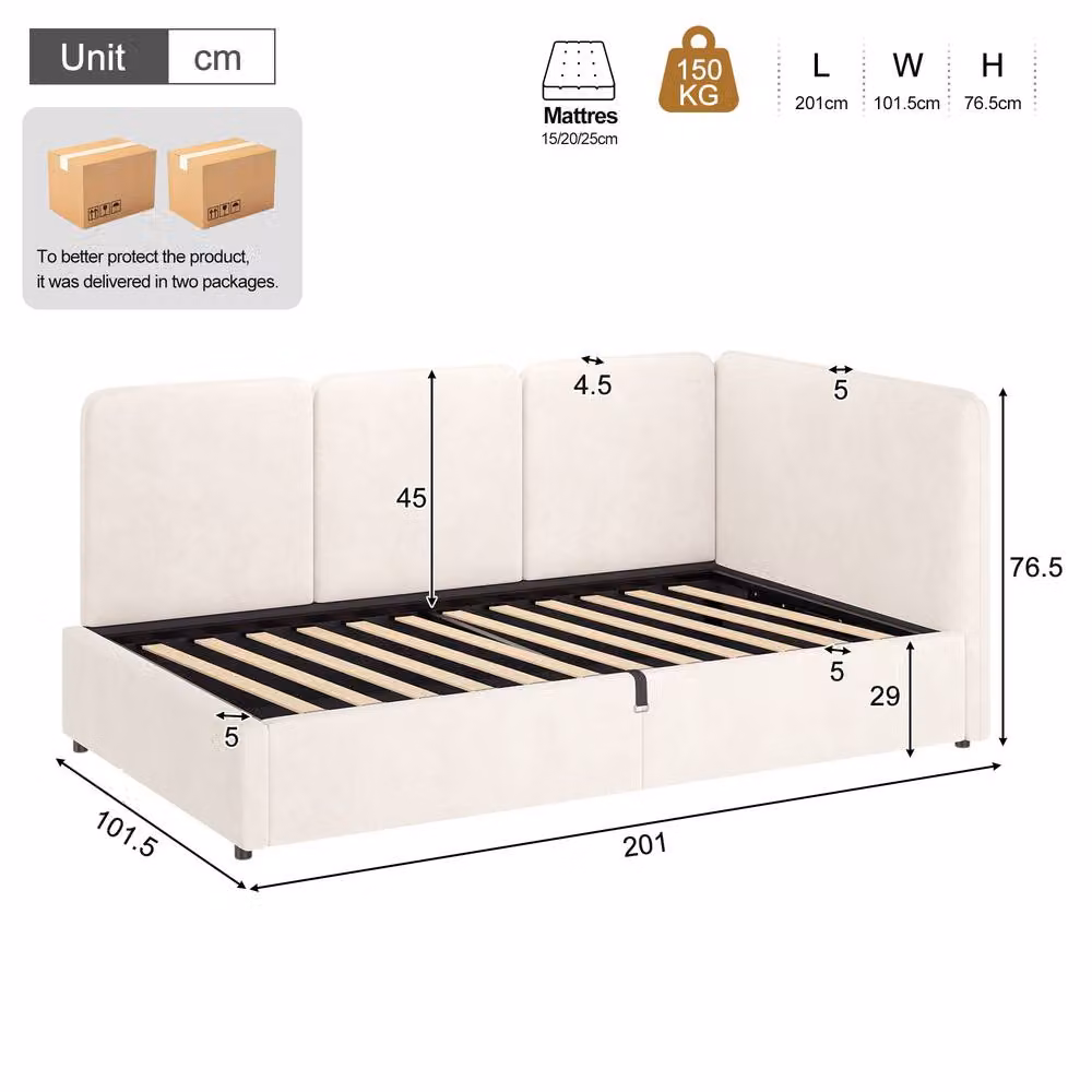 Merax Modern Single Velvet Ottoman Daybed with Reversible Corner Design in Beige, W/D/H: 90 x 190 cm – 2
