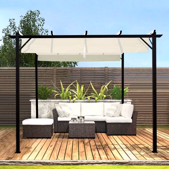 Livingandhome Modern Retractable Canopy Outdoor Patio Pergola Garden Gazebo in Beige and White