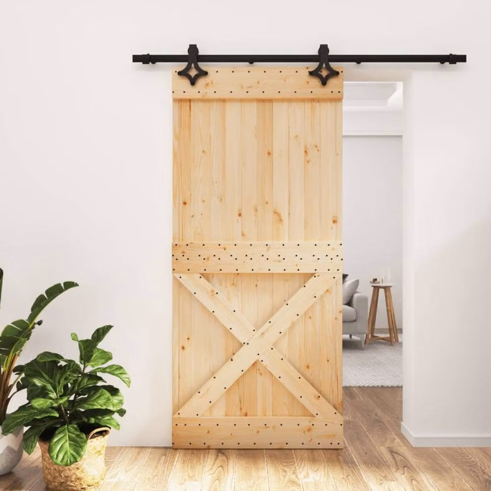 Berkfield Home Modern Sliding Door with Hardware Set, Solid Wood Pine, Brown, W: 95 cm, H: 210 cm
