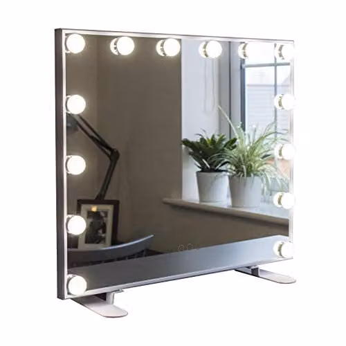 At Home Comforts Hollywood Makeup Mirror with 14 LED Bulbs, White Tabletop Vanity with Touch Screen and 3 Lighting Modes