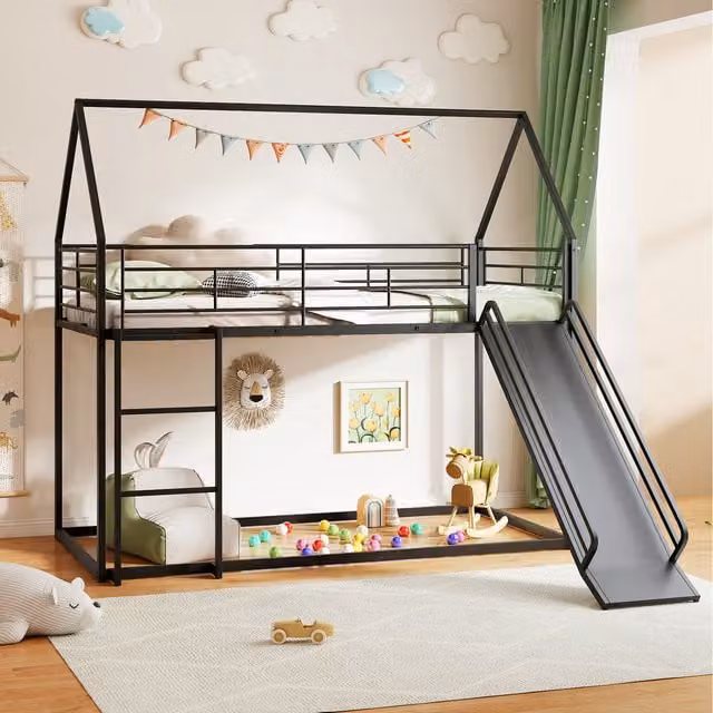 Costway House Shaped Kids Loft Bed Frame in Black Metal