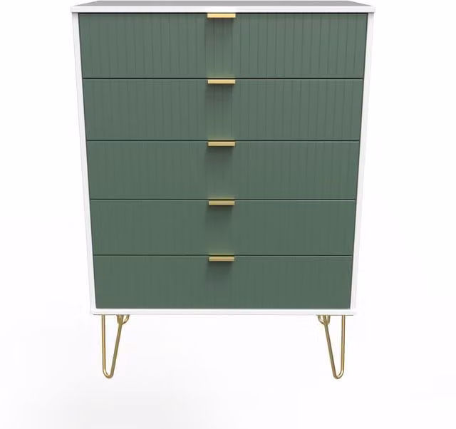 Ready Assembled 2 U Bexley 5 Drawer Chest in Green and Gold