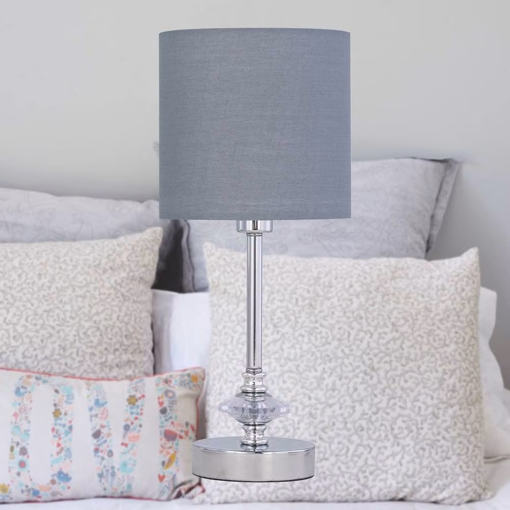 First Choice Lighting Set of 2 Chrome Jewelled Table Lamps with Grey Fabric Cylinder Shades – 2