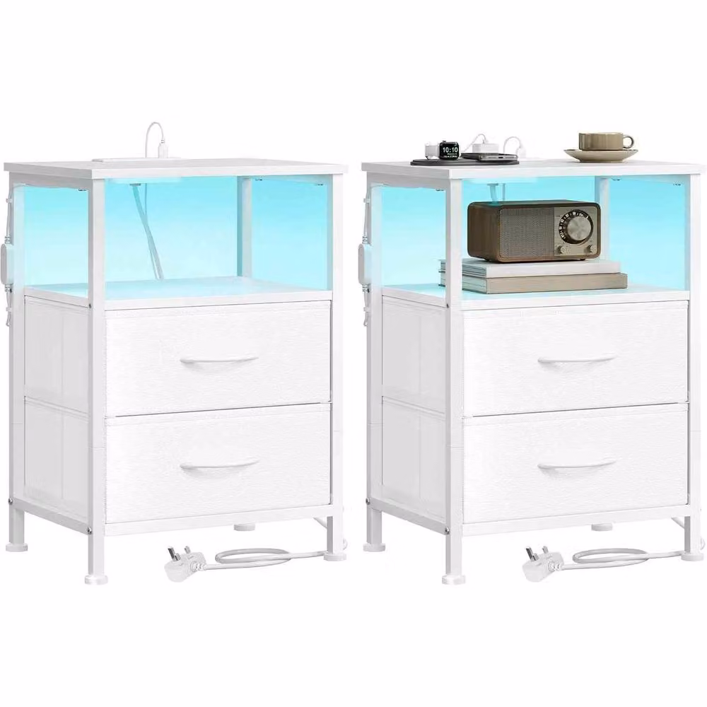 The Bazaarist Set of 2 Modern White LED Bedside Tables with Integrated Charging Station – 2