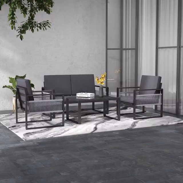 Outsunny Modern Matt Black Aluminium Garden Furniture Set with Cushions