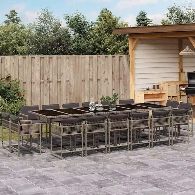 Berkfield Home 17 Piece Grey Poly Rattan Garden Dining Set with Cushions and Glass Top – 1