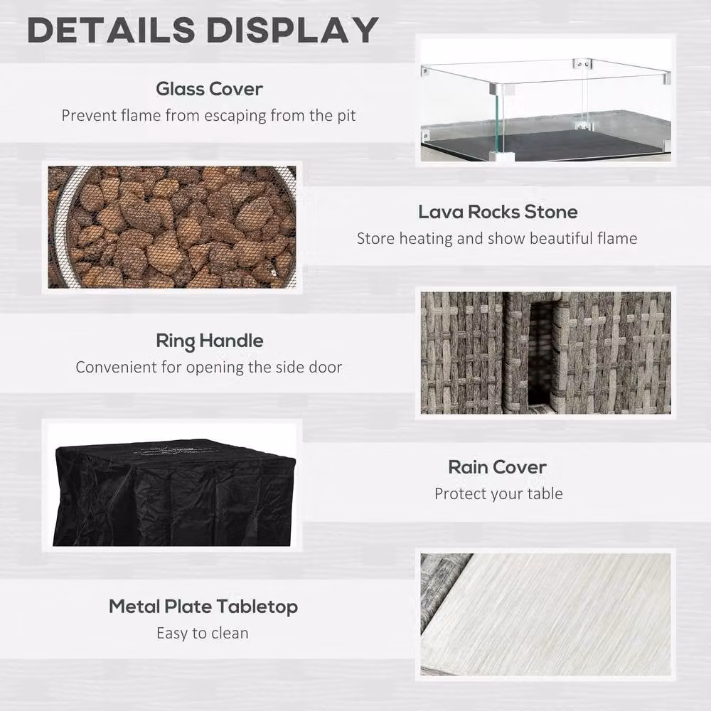 ERGOVEXA Grey Rattan Gas Fire Pit Dining Table with Rain Cover – 7