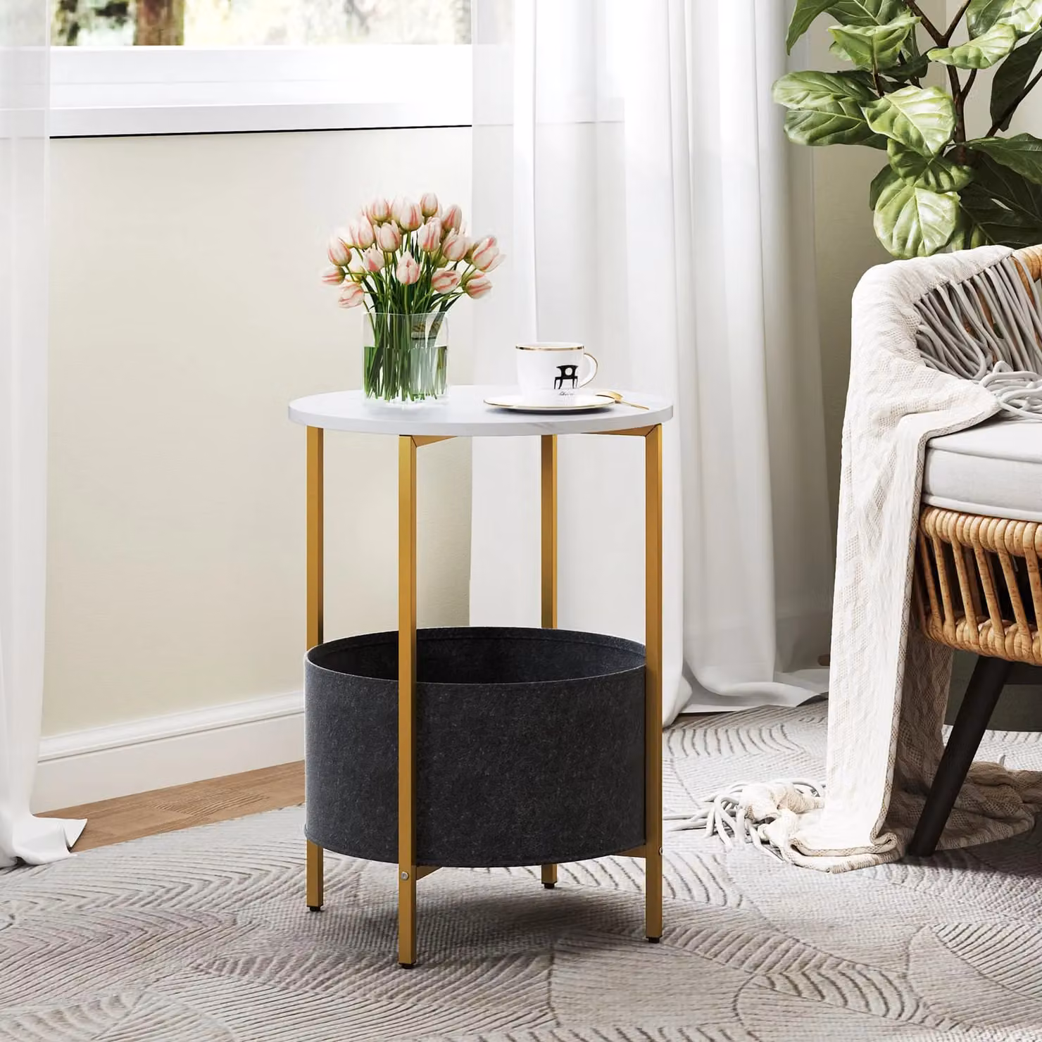Costway Round 2-Tier End Table with Fabric Basket in White – 4
