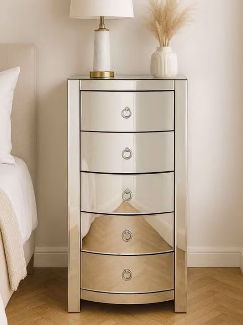 Orsina Bevelled Curved Tall Boy 5 Drawer Chest in Silver with Mirrored Glass Finish, H 121 cm x W 50 cm x D 50 cm – 1
