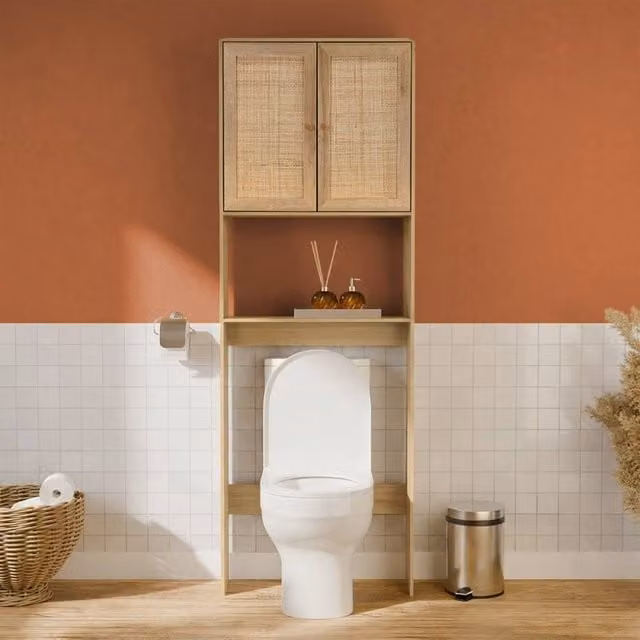 sweeek Boho Wood and Rattan Freestanding Bathroom Storage Shelf in Beige, H 180 x W 64 x D 16.6 cm