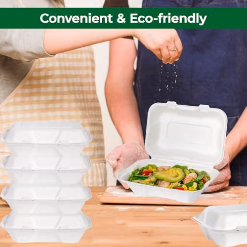 ECONX 50pcs White Disposable Bagasse Clamshell Takeaway Food Boxes with Lids, 1 Compartment, 22.86 x 15.24 x 7.7 cm – 2