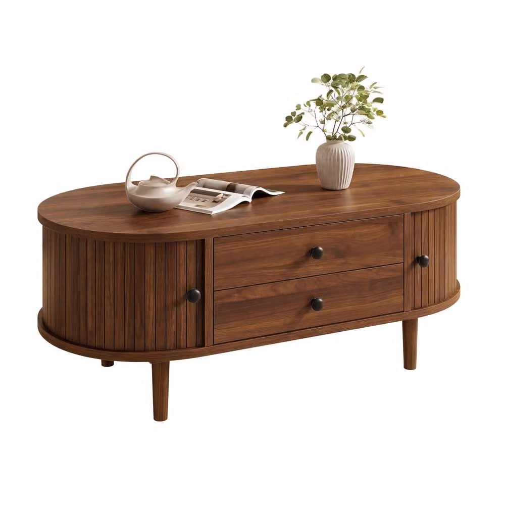 Merax Brown Oval Coffee Table with Slatted Sliding Doors and Drawers – 4