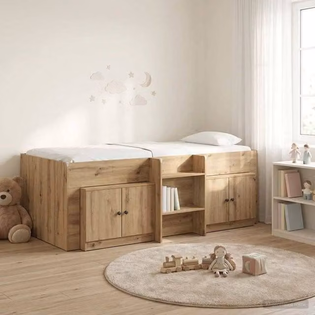 Berkfield Home Loft Bed Frame with Cabinet and Side Compartments in Artisan Oak Brown Engineered Wood – 1