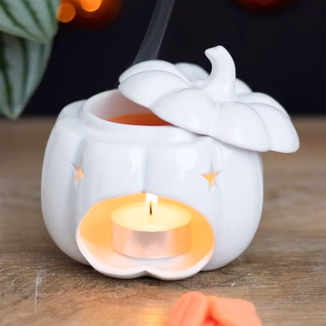 Gloriously Good Hello Autumn Pumpkin Oil and Wax Melt Burner, White Ceramic Tabletop Tealight Burner