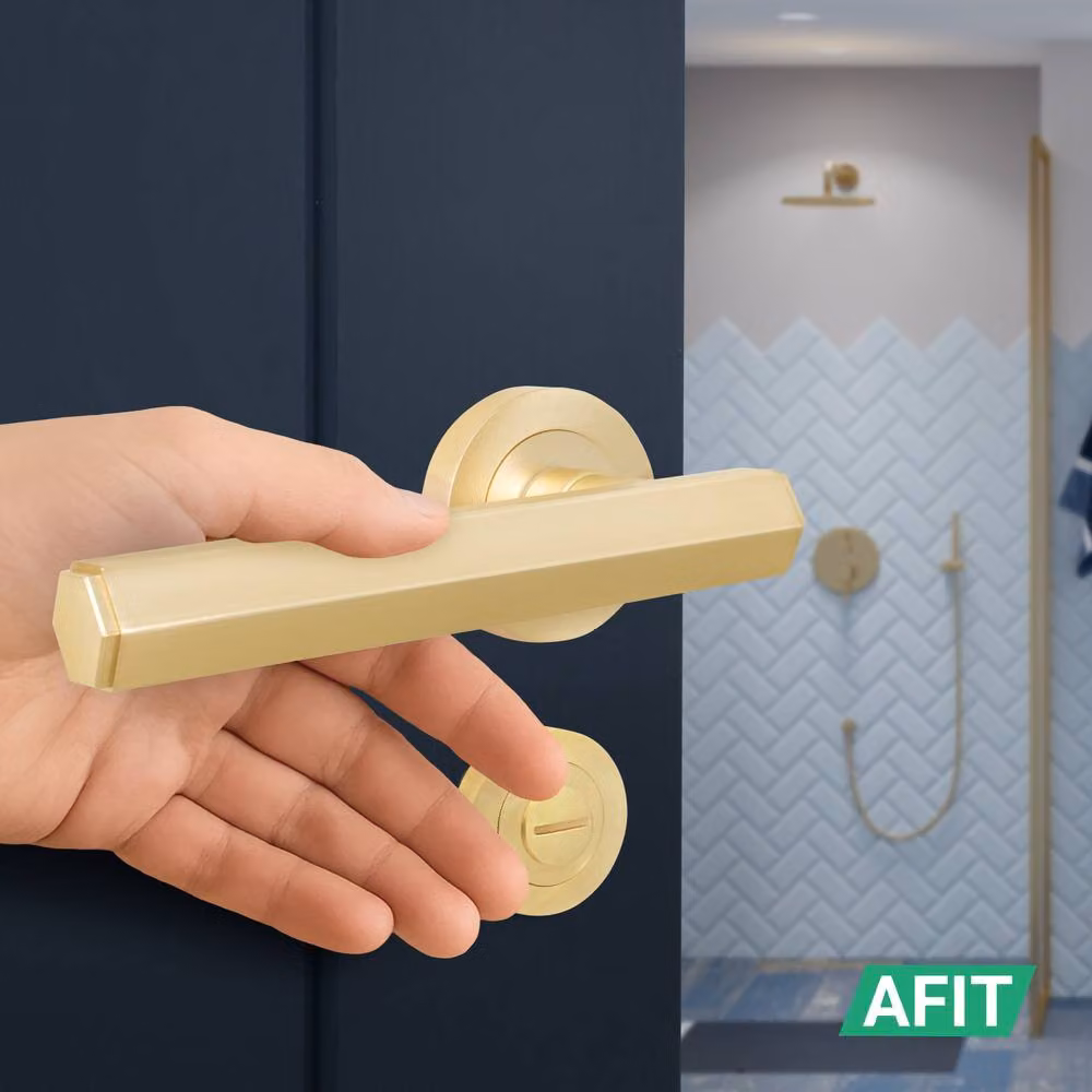 AFIT Satin Brass Bathroom Door Handle Set with Lock and Hinges in Gold – 4