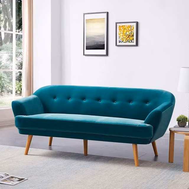 Furniture One Mid-Century Velvet Upholstered Sofa in Petrol Green