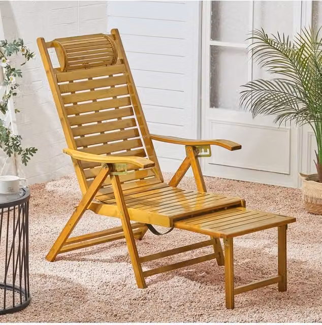 Living and Home Bamboo Folding Lounge Chair Recliner with Retractable Footrest, Adjustable Headrest and Armrests in Natural Brown