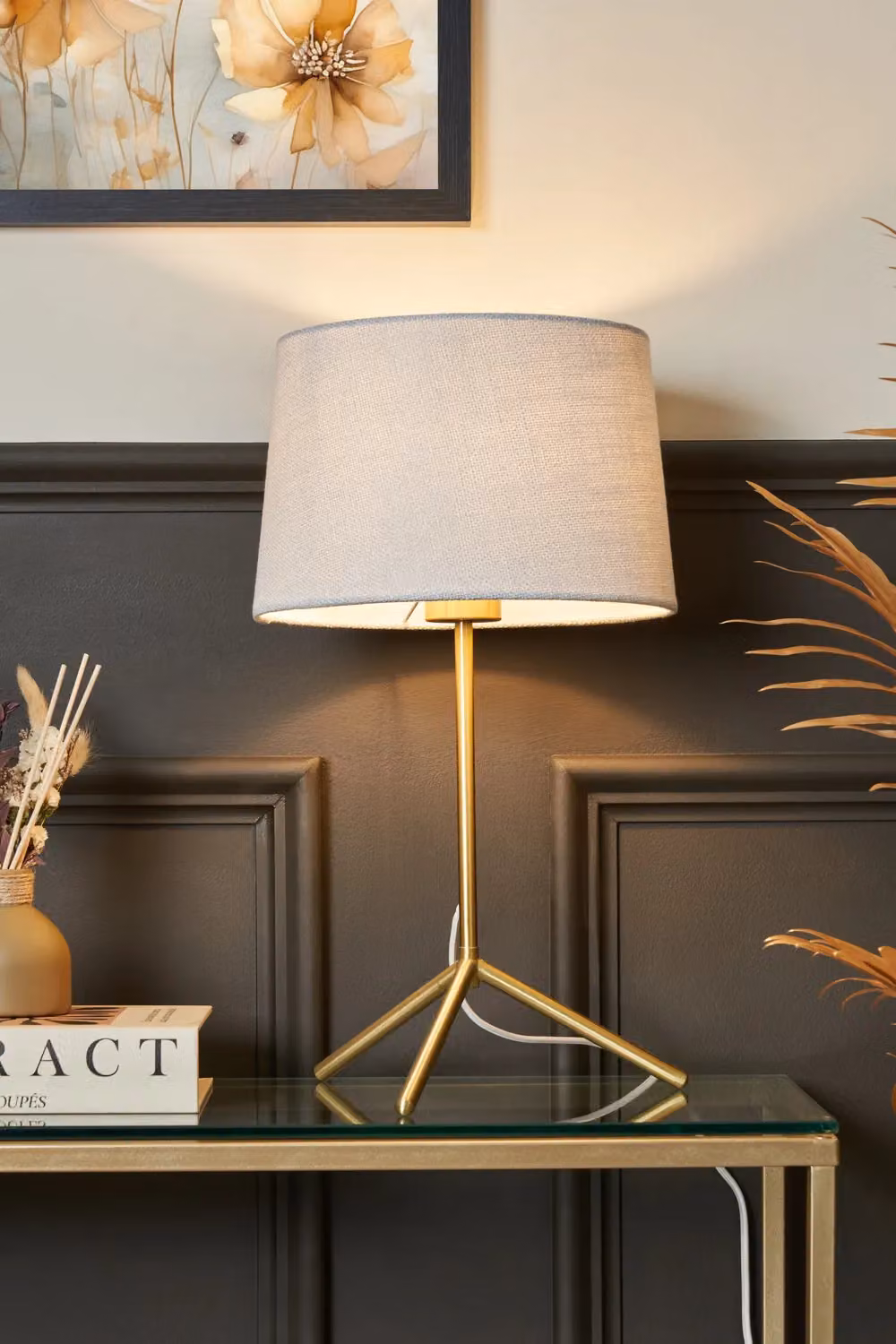 BHS Lighting Stassy Tripod Feet Table Lamp in Gold and Grey – 2