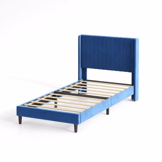 MCC Direct Charlie Velvet Upholstered Single Bed Frame with Channel Headboard in Blue, 90 x 200 cm – 1