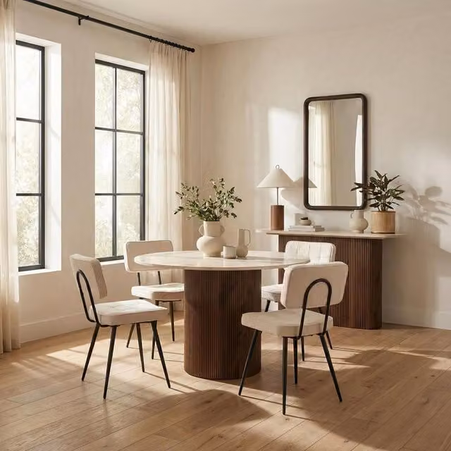 FurnitureboxUK Penrose Round Walnut Dining Table with 4 Beige Chairs, Diameter: 120 cm – 1