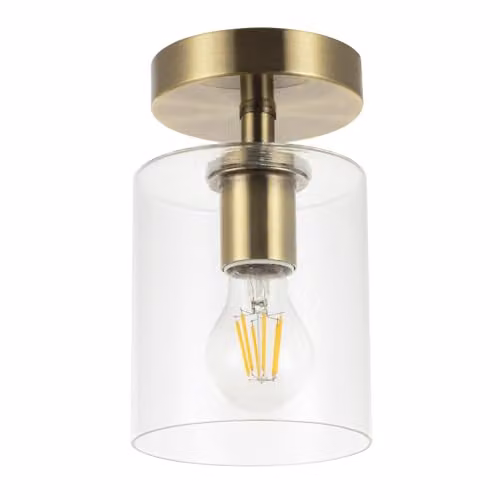 Happy Homewares Antique Brass Compact Ceiling Light Fitting with Transparent Glass Shade, W/D/H: 20 x 13 x 13 cm – 1