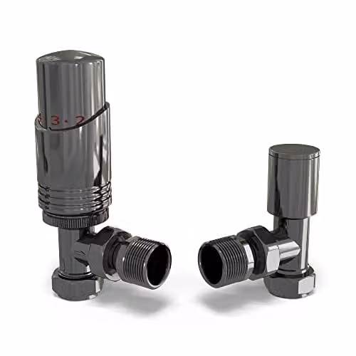 UK Radiators Talus Bold Modern Thermostatic Radiator Valve and Lockshield Set in Black Nickel with 1/2BSP 8mm Angled Connection