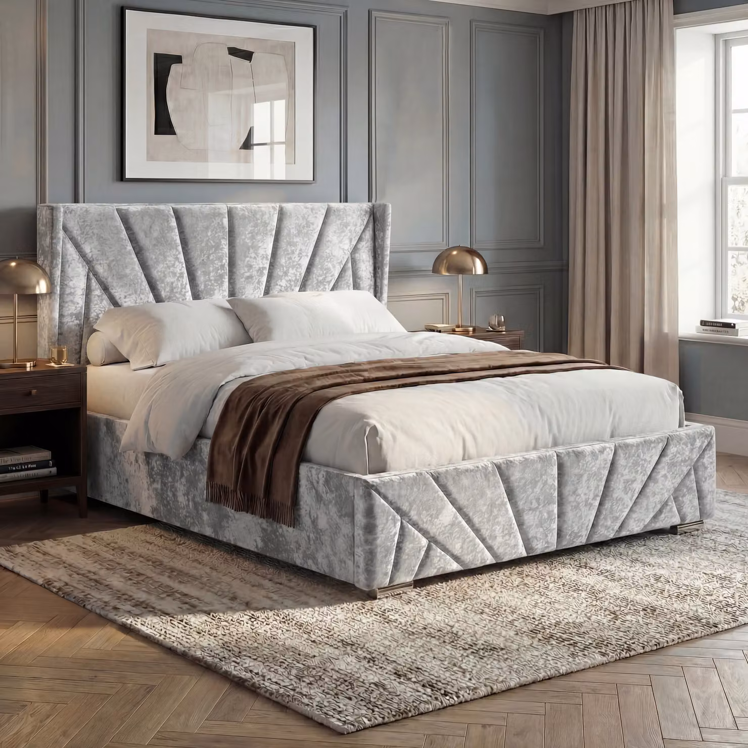 Sunrise Small Double Crushed Velvet Ottoman Storage Bed in Silver, W/D/H: 120 x 200 cm