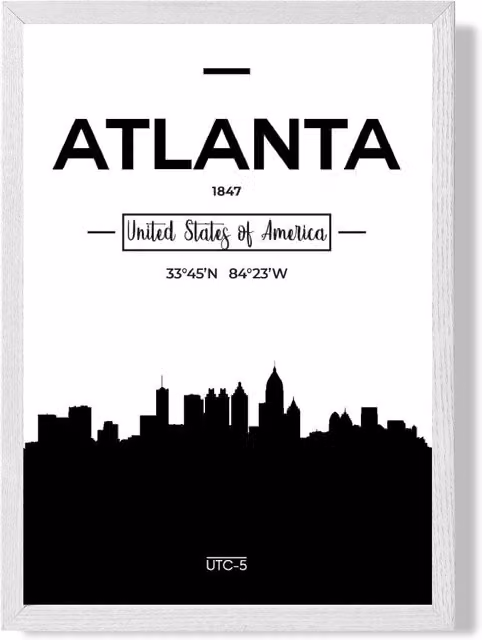 ARTZE Atlanta Black and White City Skyline Framed Print in White Frame, A3