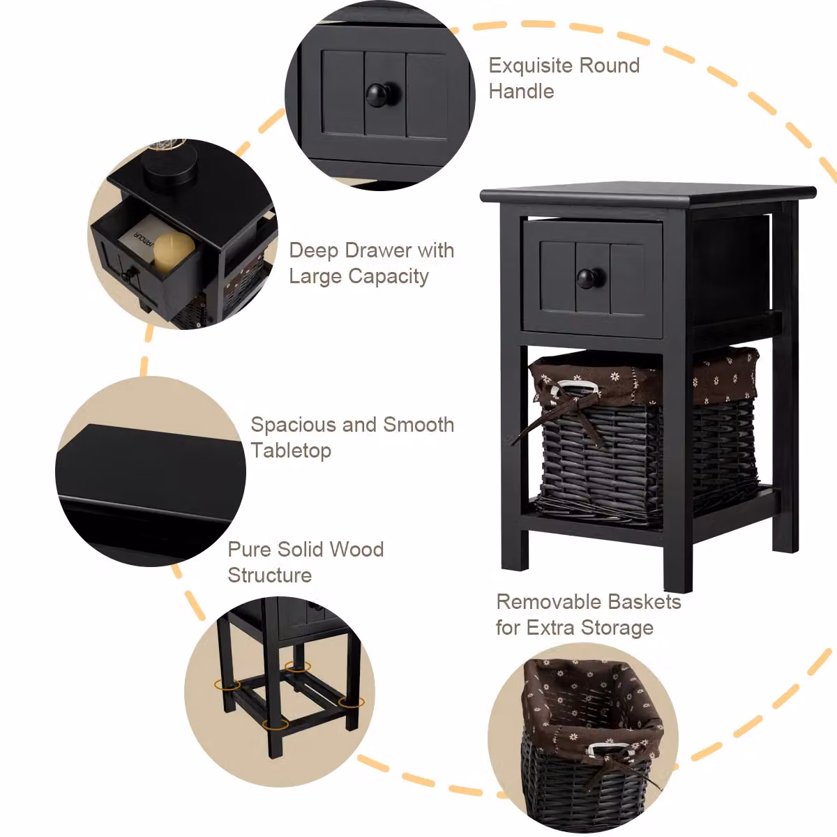 Costway Set of 2 Black Modern Nightstands with Removable Rattan Baskets – 5