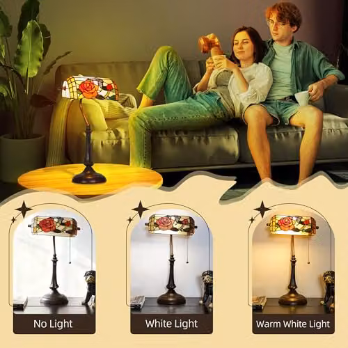 HOMCOM Tiffany-Style Stained Glass Table Lamp with Bronze Base and Multicolour Design – 5