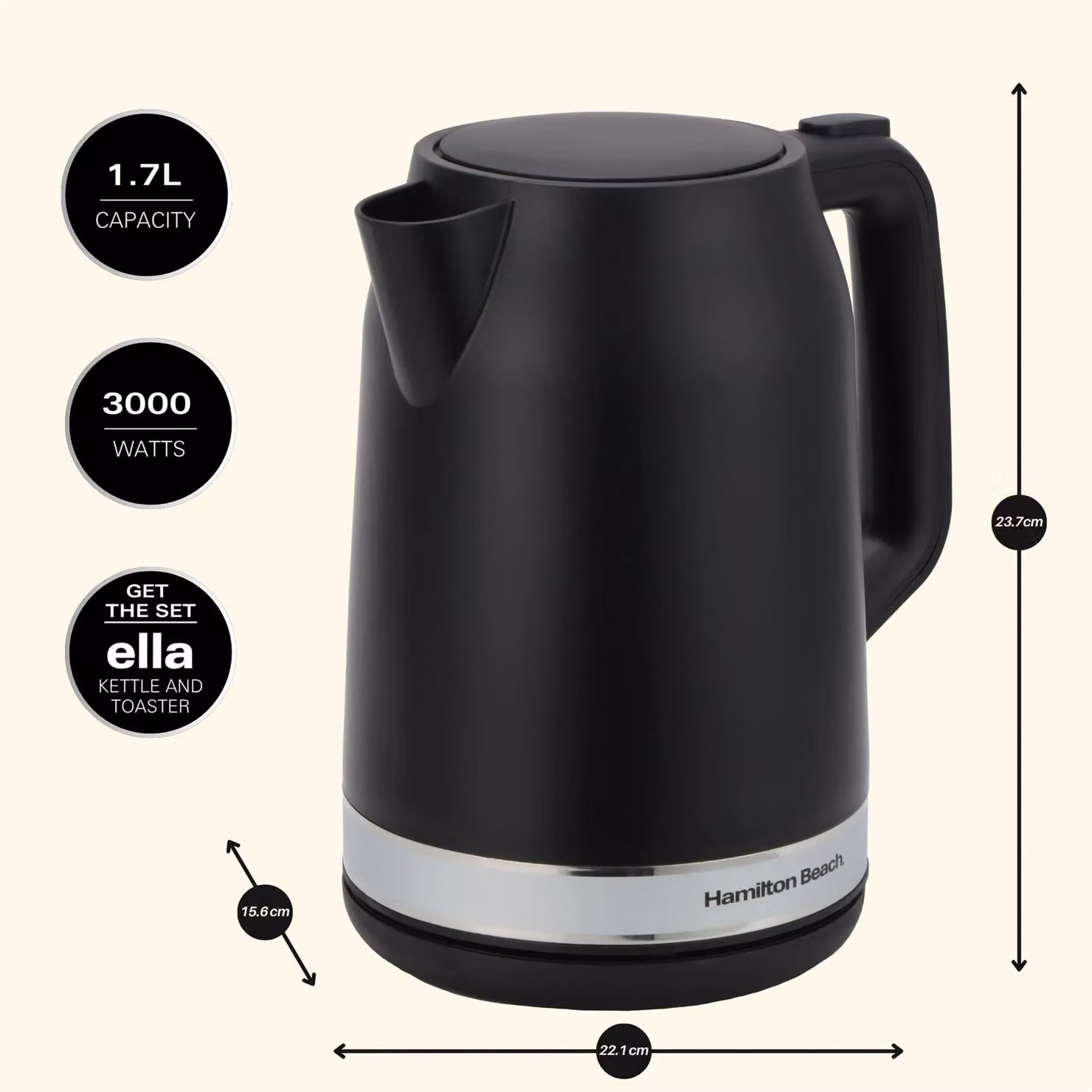 Hamilton Beach Ella 1.7 l Matte Black Kettle with Auto Shut-off – 4