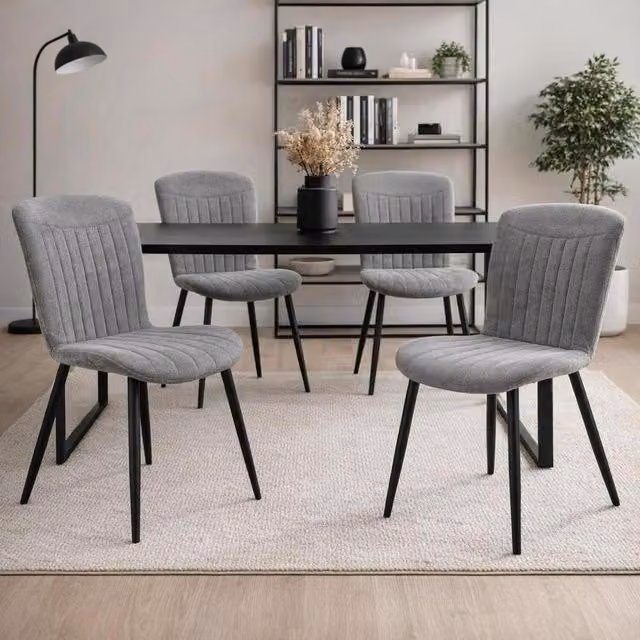 FWStyle Set of 4 Modern Grey Fabric Dining Chairs with Matt Black Sand Blasted Metal Legs