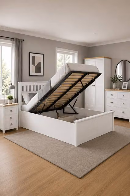 Birlea King Size Ottoman Bed with Solid Oak Wood Frame and White Lift Up Storage Base, W/D/H: 180 x 200 cm – 1