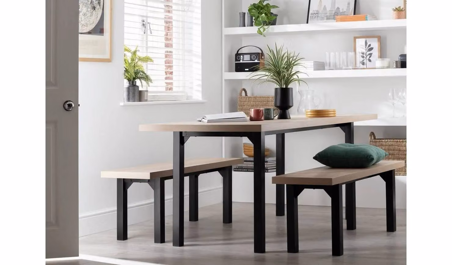 Zayn Non-Extendable Birch Dining Set with Rectangular Table and 2 Benches in Black and Beige