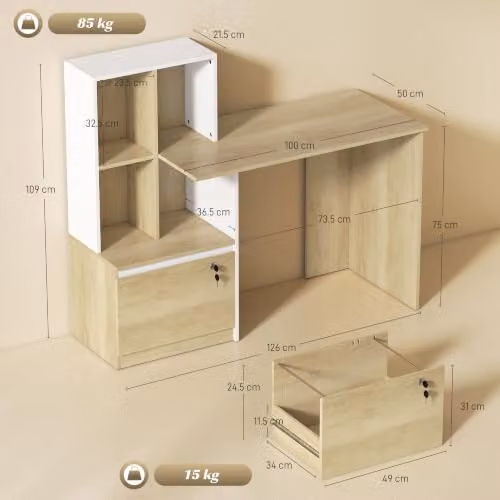 HOMCOM Modern Computer Desk with Single Pedestal Drawer in Brown and Beige, W: 126 cm, H: 85 cm, D: 50 cm – 2